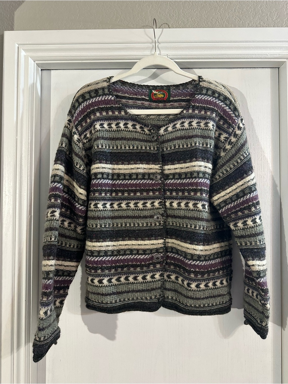 Vintage Fair Isle Button-Up Cardigan - Purple, Gray & Cream